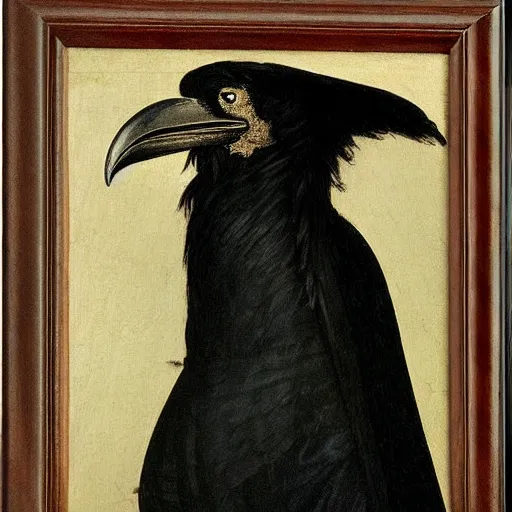 Image similar to a highly detailed renaissance oil painting of an anthropomorphic raven dressed in elegant tudor clothes by hans holbein