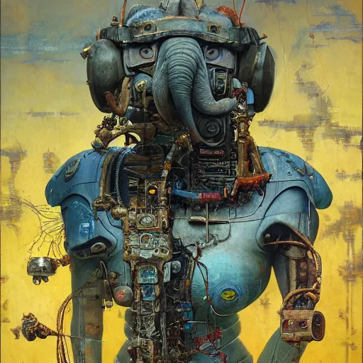 Prompt: junky elephant, cybertronic gadgets and vr helmet, durty colours, rotten textures, rusty shapes, flesh + technology, biotechnology, norman rockwell, tim hildebrandt, dariusz zawadzki, bruce pennington, larry elmore, intricate details, hyperrealistic oil painting on canvas, deep depth field, cinematic composition, hyper - detailed
