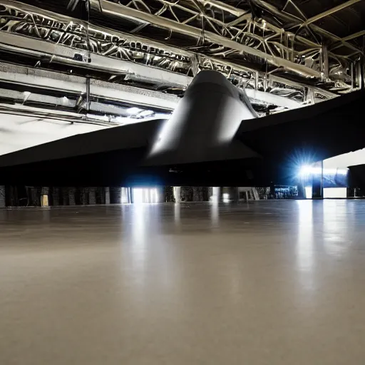 Prompt: photo of northrop b - 2 spirit, cinematic lighting, reflection on floor, f / 2. 4 lens flare