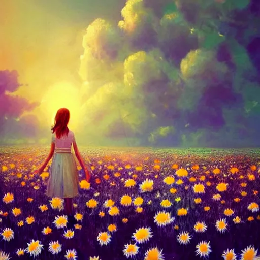 Image similar to head made of giant daisies, girl standing barefoot in a vast flower field, holding flowers, surreal photography, sunrise dramatic light, impressionist painting, colorful clouds, large sky, digital painting, artstation, simon stalenhag, flower face