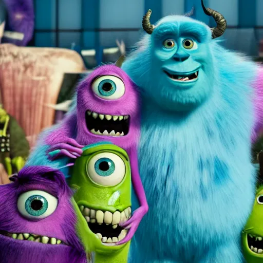 Image similar to monsters Inc sully standing next to a group of sully clones