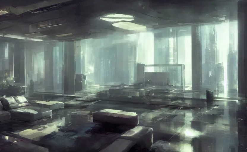 Image similar to a futuristic luxury high tech apartment interior, painting by Craig Mullins, octane rendering, moody lighting, wide angle lens, in the style of blade runner