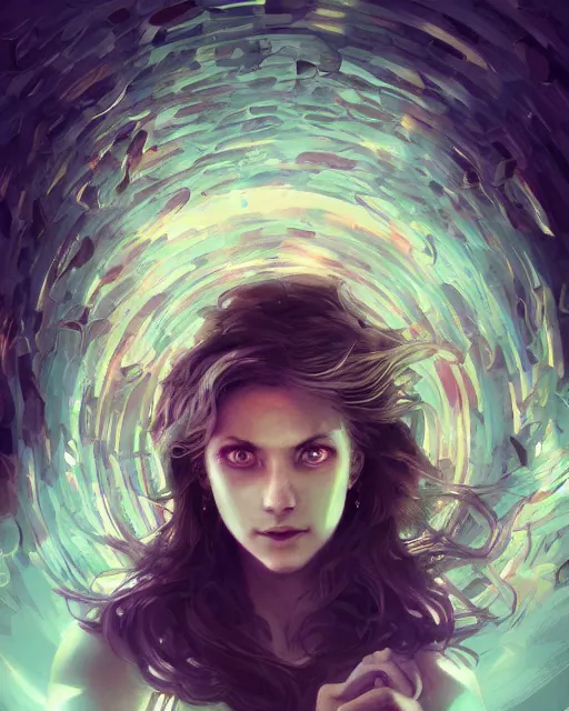 Image similar to illustration of a woman entranced bewitched mesmerized hypnotized mind controlled, spirals in eyes, artgerm and wlop and greg rutkowski, digital art, extreme detail, dynamic lighting, cinematic composition, concept art, sharp focus, colorful, photorealistic, 8 k