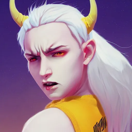 Prompt: dwayne johnson as a pale demoness with white hair, yellow eyes and horns wearing sweater and overalls on top. highly detailed, digital painting, artstation, matte, by makoto shinkai, animation style