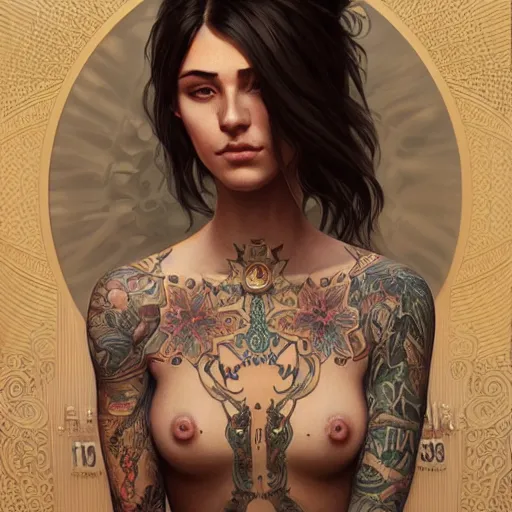 Image similar to ultra realistic illustration, a hot brunette tattooed slavic woman in her late 2 0's, intricate, elegant, highly detailed, digital painting, artstation, concept art, smooth, sharp focus, illustration, art by artgerm and greg rutkowski and alphonse mucha