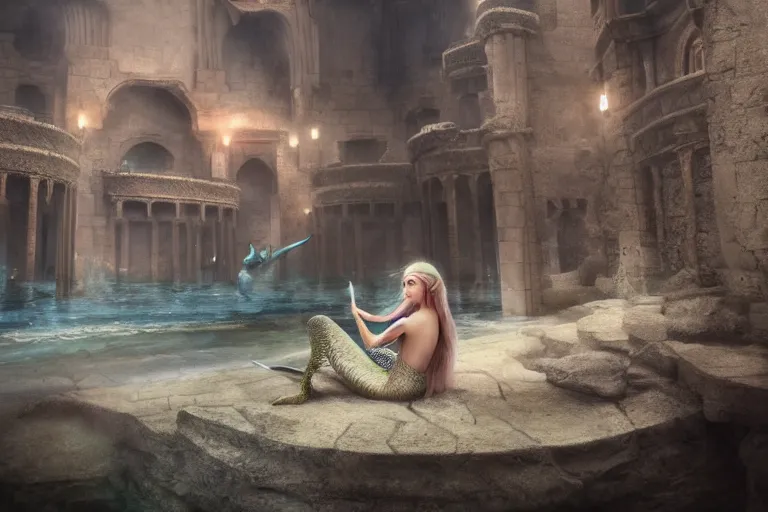 Prompt: the most amazing dream you ever had about a modern mermaid looking at an ancient castle ornated with old arabic script, hyper realistic, ambient lighting, concept art, intricate, hyper detailed, smooth, dynamic volumetric lighting, octane, cinematic