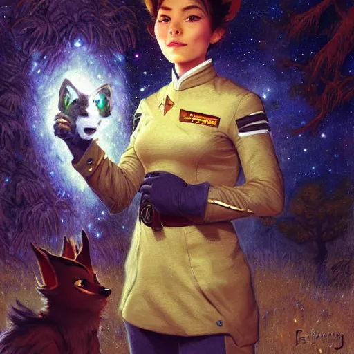 Prompt: a female bird wolf canine in starfleet uniform at night in a dark forest. zootopia fursona furaffinity furry art detailed face painting by gaston bussiere craig mullins jc leyendecker gustav klimt artgerm greg rutkowski furry