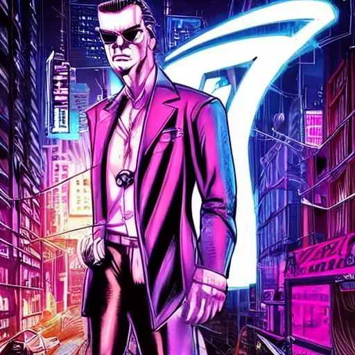 Image similar to a cyberpunk mafia boss with slicked back hair, in a cyberpunk setting, comic book art, cyberpunk, art by stan lee, neon lines, 8 0 s vibe colorful, bright high tech lights, movie still, epic, dramatic, marvel comics, dc comics