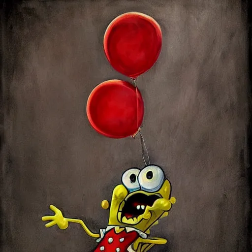 Image similar to grunge painting of spongebob with a wide smile and a red balloon by chris leib, loony toons style, pennywise style, corpse bride style, horror theme, detailed, elegant, intricate, Atmospheric phenomenon, artistic photography, conceptual, volumetric light