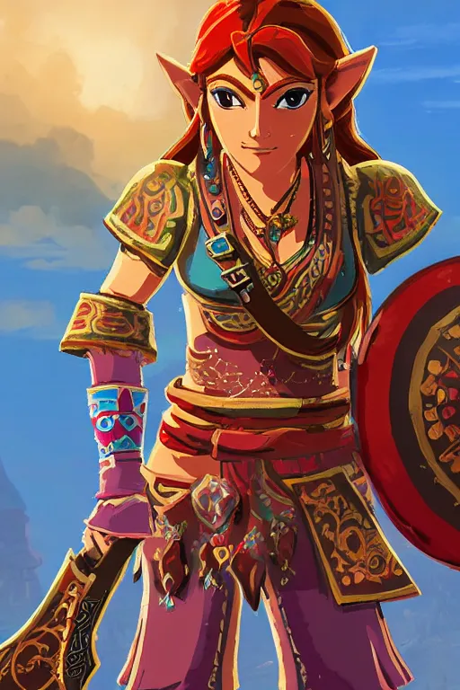 Image similar to an in game portrait of urbosa from the legend of zelda breath of the wild, breath of the wild art style.