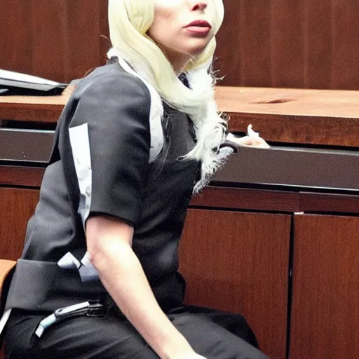 Image similar to lady gaga in the witness stand of a courtroom pointing at the hamburgler who is sitting at the defendant ’ s table