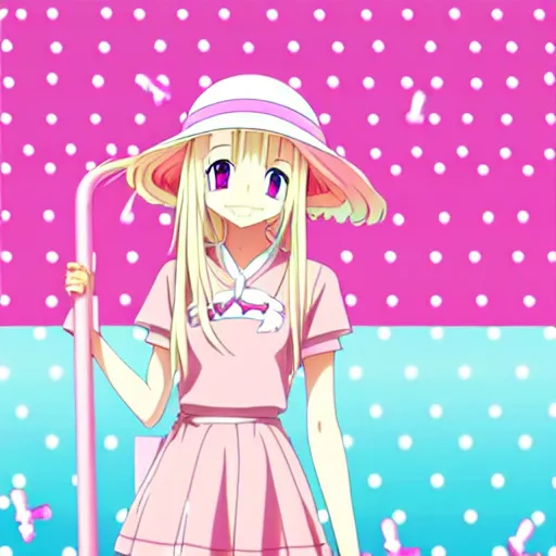 Image similar to anime girl with long blonde hair with pink tips, wearing pink dress, pink flip flops, and a pink bucket hat with white polka dots, disneyland background, anime key visual, kyoto animation