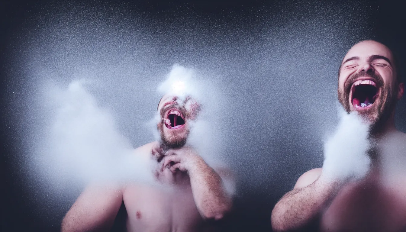 Image similar to humans , feedback loop , burst of powders ,volumetric lighting, twisting vapour, bellowing dust , emerging hands and beautiful laughing man’s face , full colour , upscale , 4k