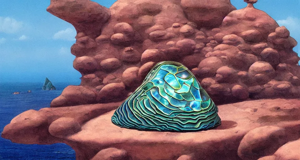 Image similar to painting of a giant abalone - shaped seashell house in the ocean, by roger dean, john harris, cell shaded graphics, concept art, minimalist