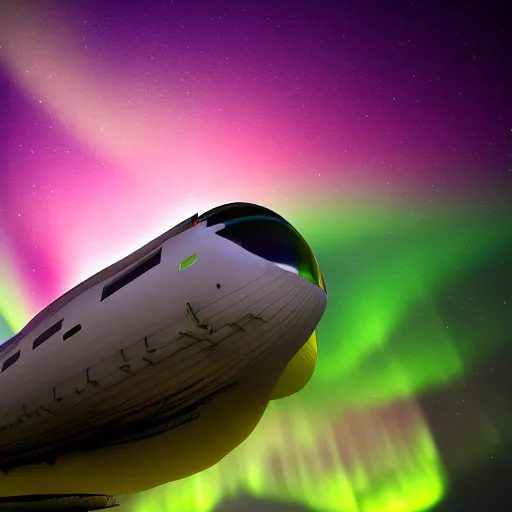 Prompt: fantasy airship flying through the aurora borealis