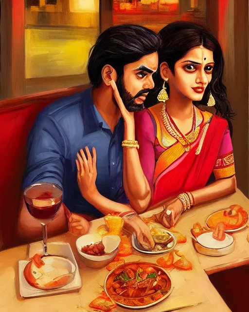 Image similar to a guy and girl on a date in a restaurant, saree, desi, art by salman toor. faithfully depicted facial expression, perfect anatomy, sharp focus, global illumination, radiant light, detailed and intricate environment, trending on artstation