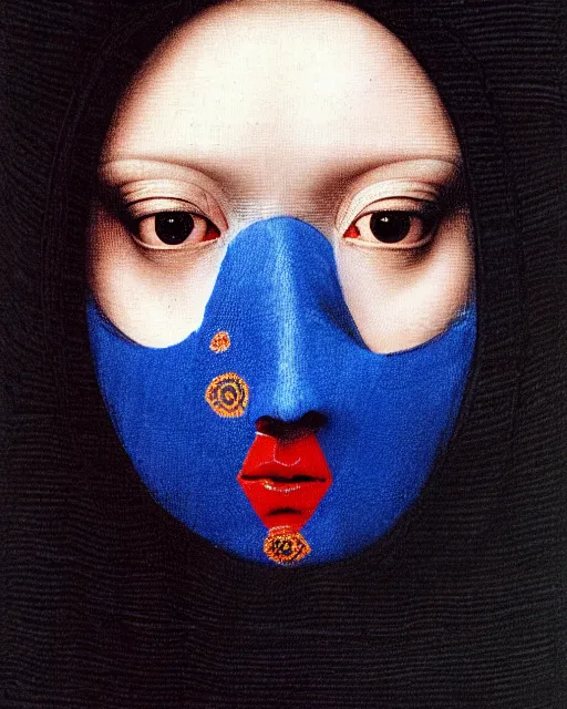 Prompt: symmetrical close - up portrait of a woman face with blue frizzy hair, wearing a embroidered black mask by alexander mcqueen, bjork aesthetic, masterpiece, in the style of rogier van der weyden and jacopo da pontormo, cyberpunk, asian art