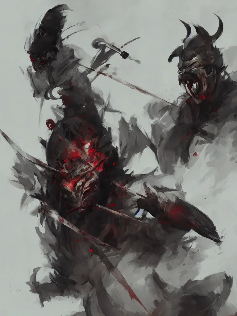 Image similar to samurai with demon mask, doje artstation, cgsociety, greg rutkowski, wlop