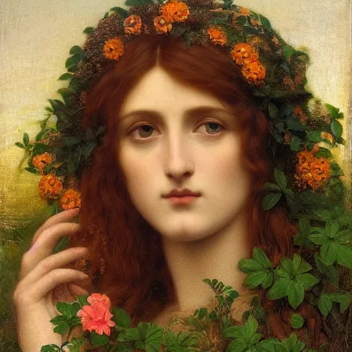 Image similar to Beautiful Pre-Raphaelite goddess of nature with a little bird sitting on top of her head, in the style of John William Godward, close-up portrait, head in focus, flowers and plants, etheric, moody, intricate, mystical,