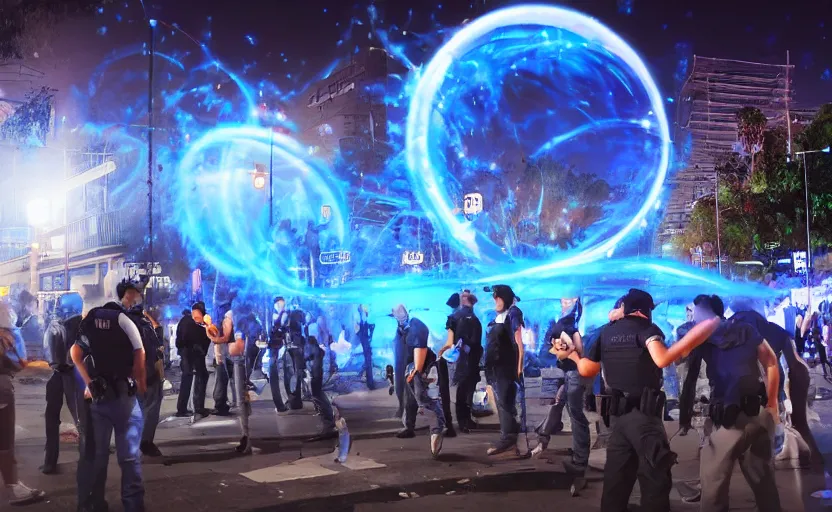 Image similar to people with posters attacking cops in front a huge blue spiral - shaped bright white luminous attractor that is floating and stores in los angeles with light screens all over the street, concept art, art for the game, professional lighting, night lighting from streetlights