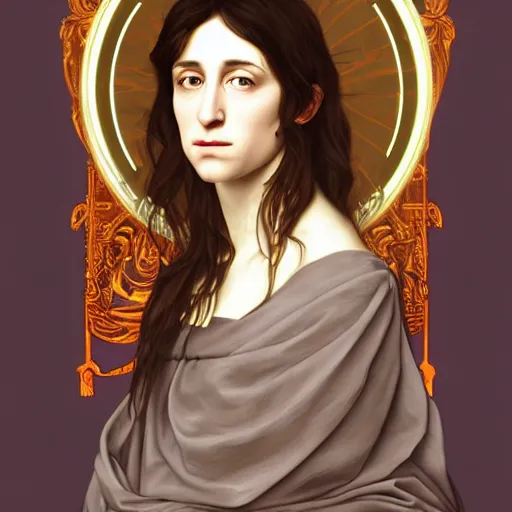 Image similar to portrait of charlotte gainsbourg as joan of arc, hyperreal digital painting, iconography influenced by alphonse mucha and eugene delacroix, arstation and deviantart trends, high resolution 8 k