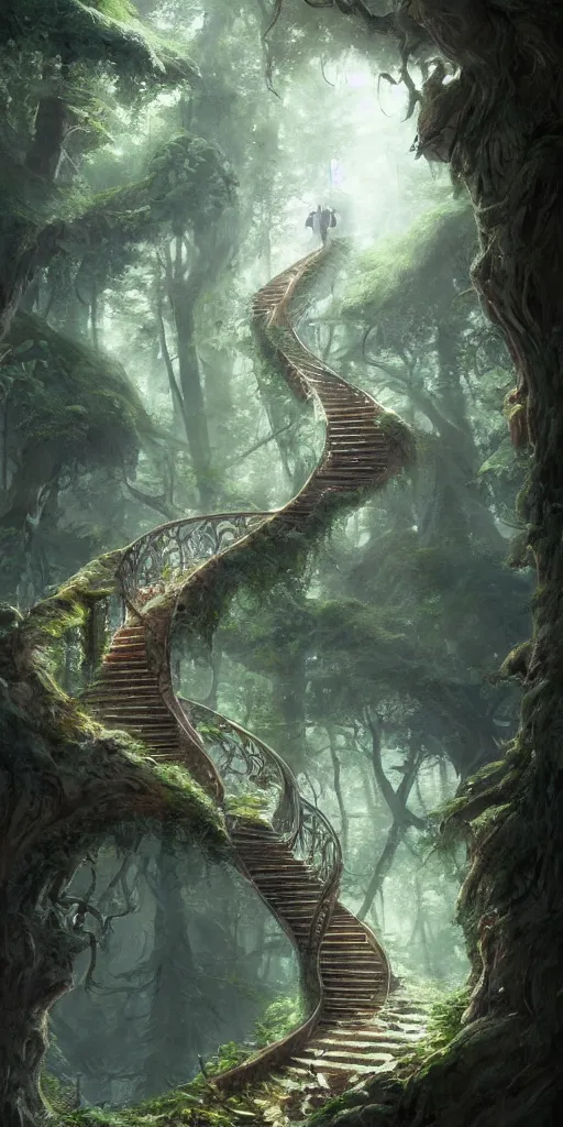 Prompt: a man walking up a steep and winding staircase, in magical woods, intricate, elegant, highly detailed, unreal engine, artstation, concept art, sharp focus, beautiful illustration, society, by justin gerard and artgerm, 8 k