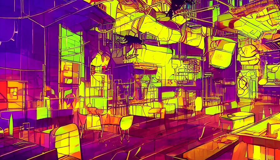 Image similar to concept art for a cyberpunk beehive, interior design, bright colors, neon signs