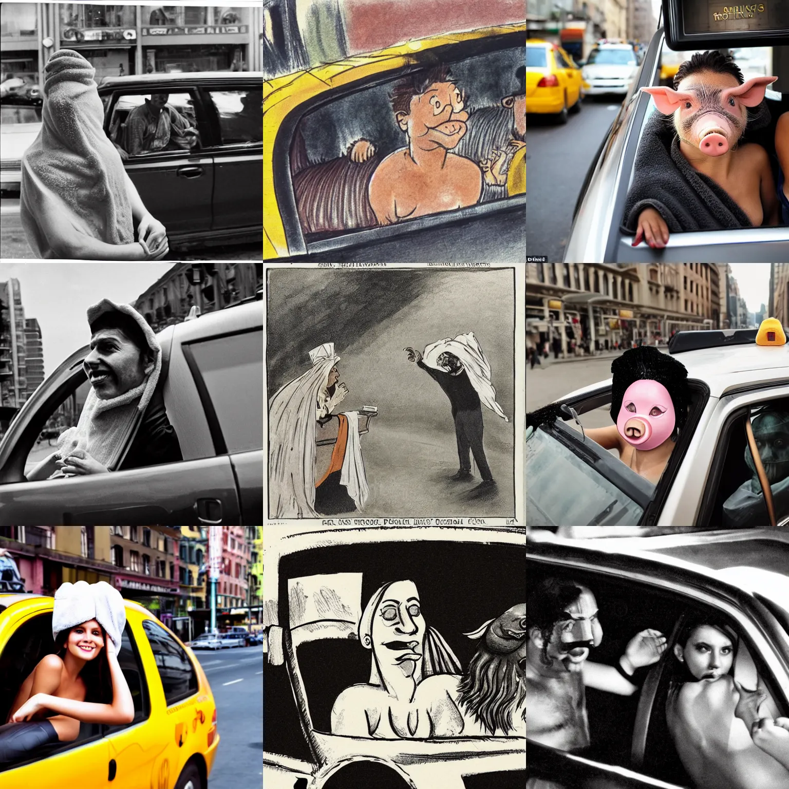 Image similar to an attractive, pig - nosed, bucktoothed woman hails a cab driven by a man with a towel on his head who is unshaven, dirty, and disheveled.