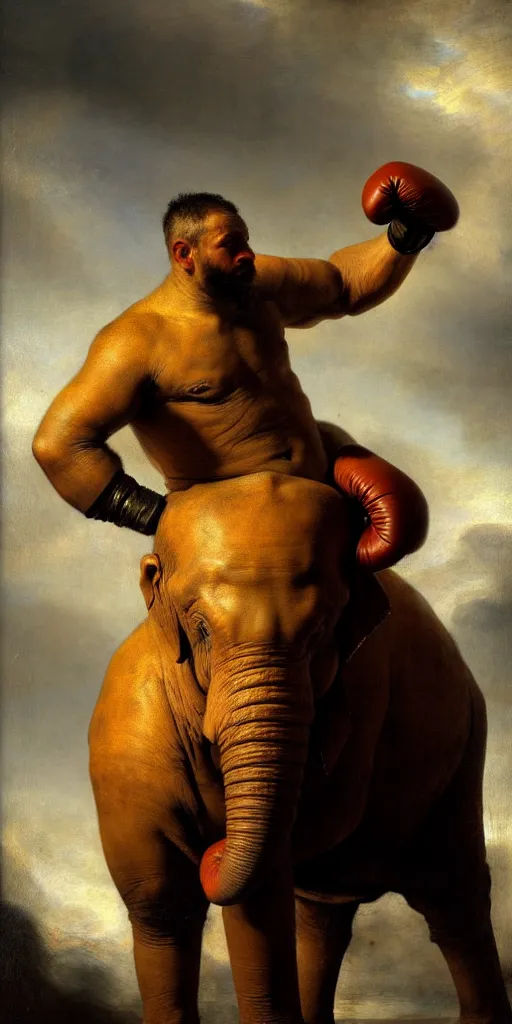 Prompt: muscular oversized elephant, the body is a strong boxer champion with boxing gloves , strong sun backlight sunrays body , extreme very textured detailed portrait oil painting by rembrandt, dramatic clouds and atmosphere