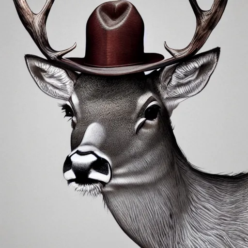 Image similar to a upper body portrait of a deer in a pinstriped suit and pants wearing a fedora with the antlers sticking out of the fedora by artgerm and wlop, intricate detail, digital art, photorealistic, trending on artstation