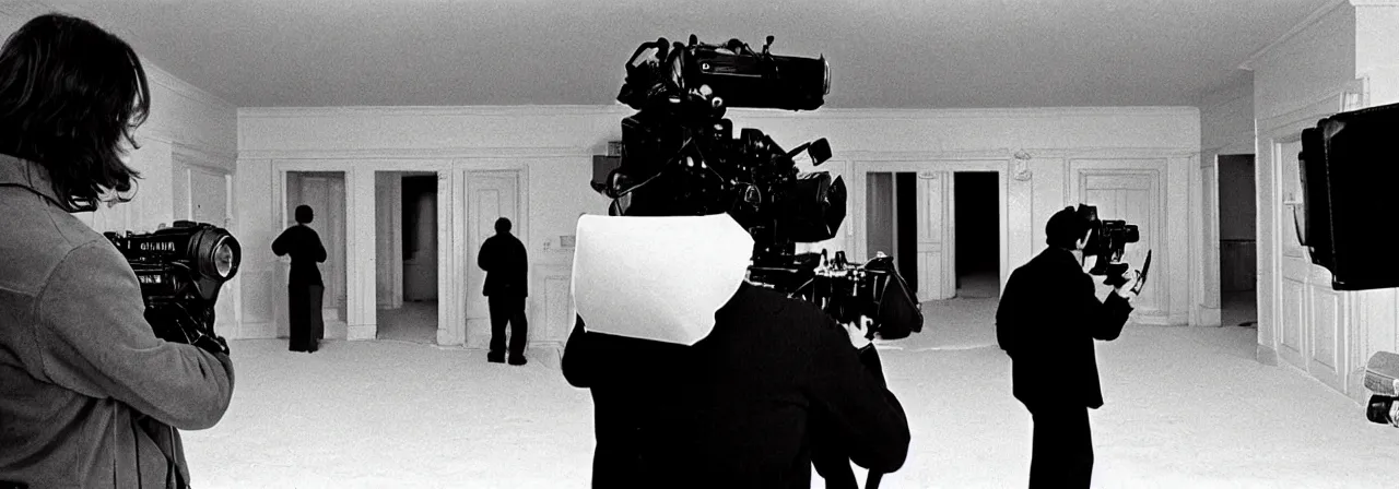 Image similar to Cinematography a behind the scenes shot from The shining movie. Hollywood. Camera crew. Kubrick. Cinema.
