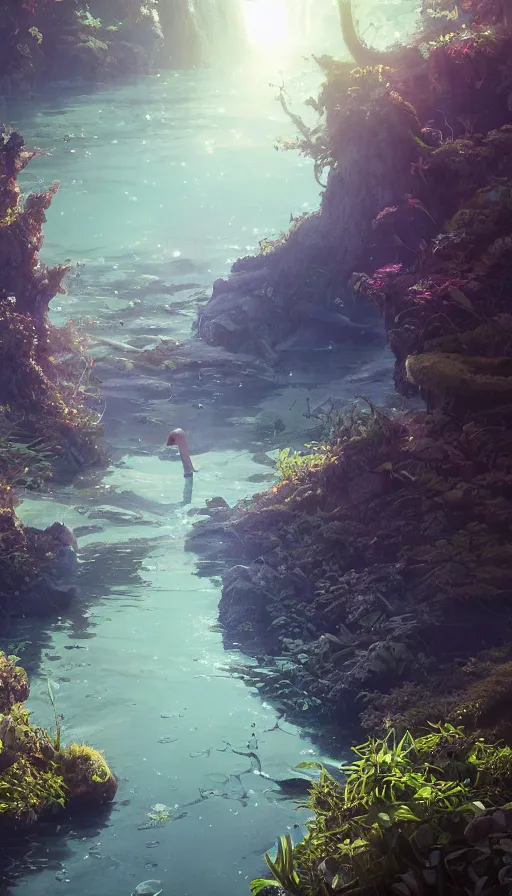 Image similar to highly detailed vfx macro shot of water, stephen bliss, unreal engine, greg rutkowski, loish, rhads, beeple, makoto shinkai and lois van baarle, ilya kuvshinov, rossdraws, tom bagshaw, alphonse mucha, global illumination, detailed and intricate environment