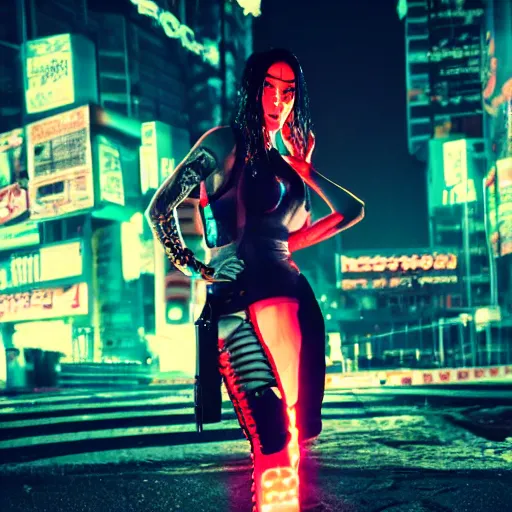 Image similar to cyberpunk megan fox, standing on a cyberpunk street at night, streets are lit with neon lights