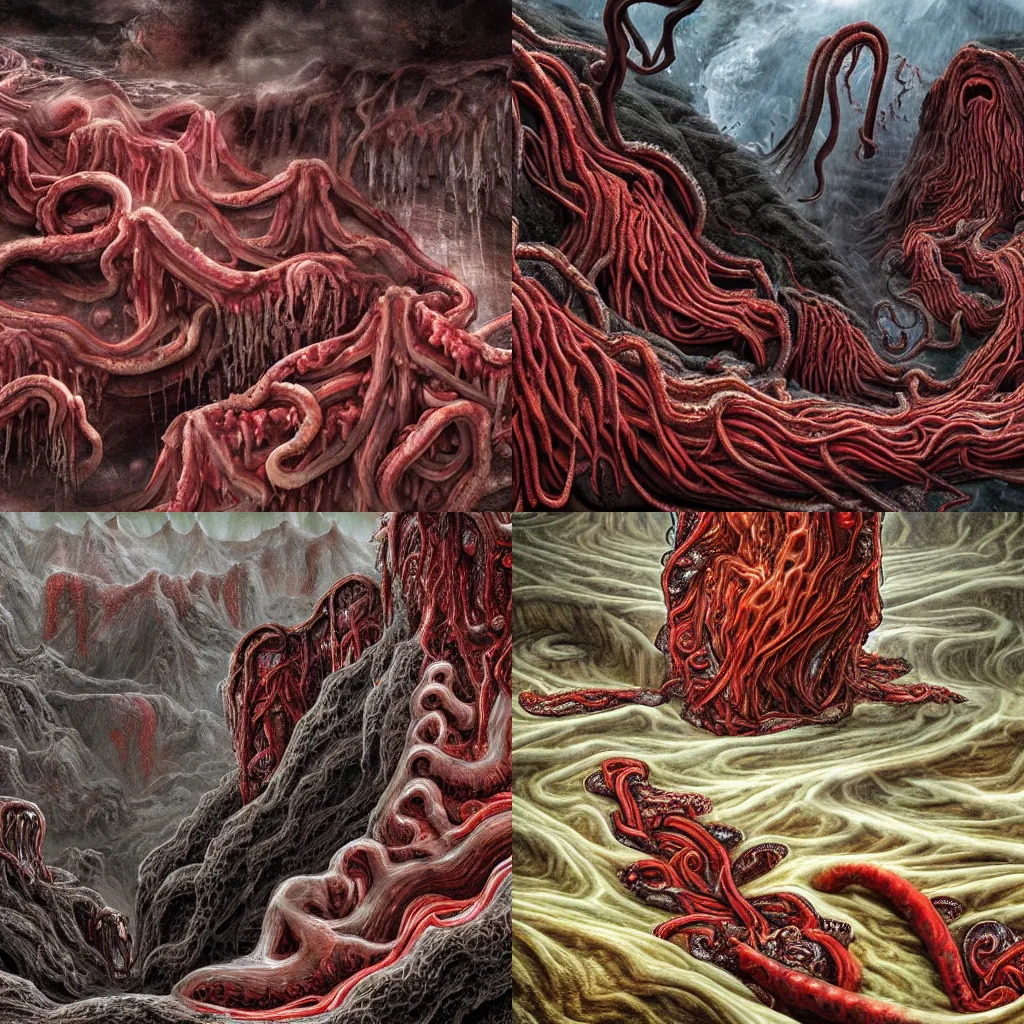 Prompt: a hellish landscape of intricate design made solely of gory meat and decaying intestines, with blood rivers and waterfalls, teeth protruding from the cliffs, with numerous meaty tendrils writhing and whipping through the moist air, high quality, digital art, realistic