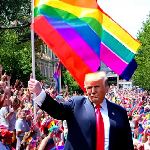 Prompt: donald trump waving a rainbow flag at a pride parade