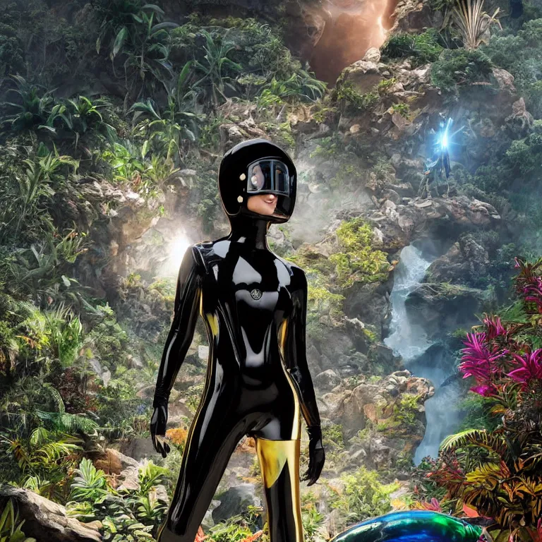 Prompt: octane render portrait by wayne barlow and carlo crivelli and glenn fabry, focus on a woman wearing a smooth shiny black latex spacesuit with intricate iridescent metal helmet, surrounded in colorful tropical alien flora in front of a giant rocky cave opening, cinema 4 d, ray traced lighting, very short depth of field, bokeh