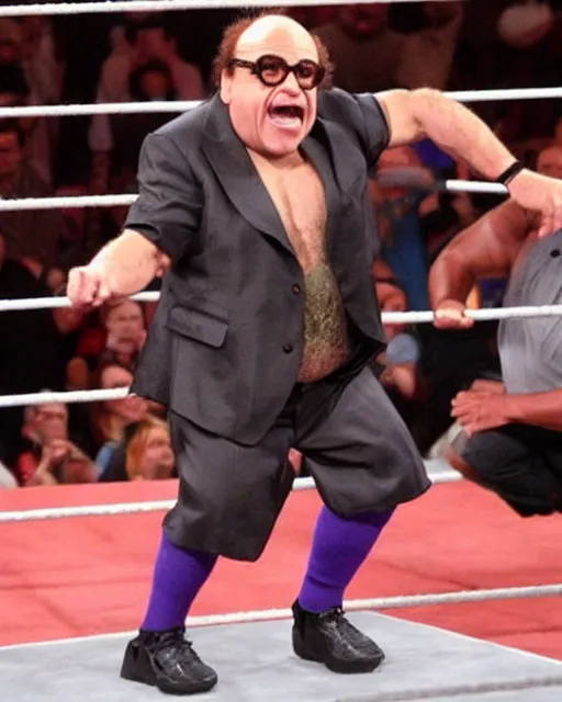 Image similar to danny devito as a wwe wrestler. photographic, photography