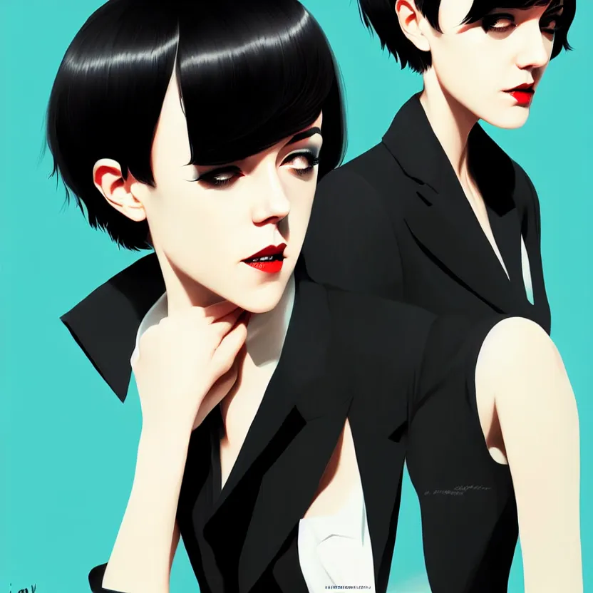 Image similar to jena malone, slim cruel business girl in tuxedo with black bob hair, elegant, 2 d, ultra highly detailed, digital painting, smooth, sharp focus, artstation, art by ilya kuvshinov!