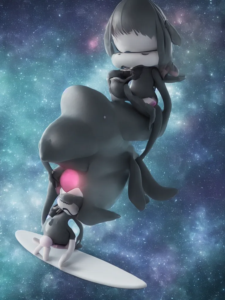 Prompt: cute fumo plush gothic maiden alien girl sitting on a surfboard in the dark galactic abyss, heart eyes, vignette, vray