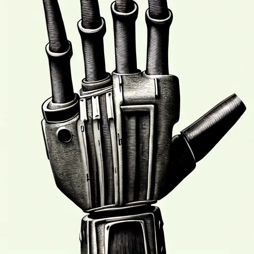 Prompt: robot hand drawing robot hand on paper, by tony diterlizzi, tim burton, hr giger, ilford hp 5, 5 5 mm, machinecore by artgerm, 3 d render, gothcore, beeple, joseph leyendecker, carlo carra