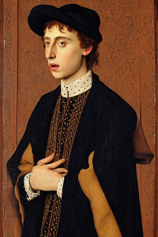 Image similar to portrait of timothee chalamet, oil painting by jan van eyck, northern renaissance art, oil on canvas, wet - on - wet technique, realistic, expressive emotions, intricate textures, illusionistic detail