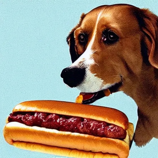 Image similar to a dog eating a hot dog, surreal