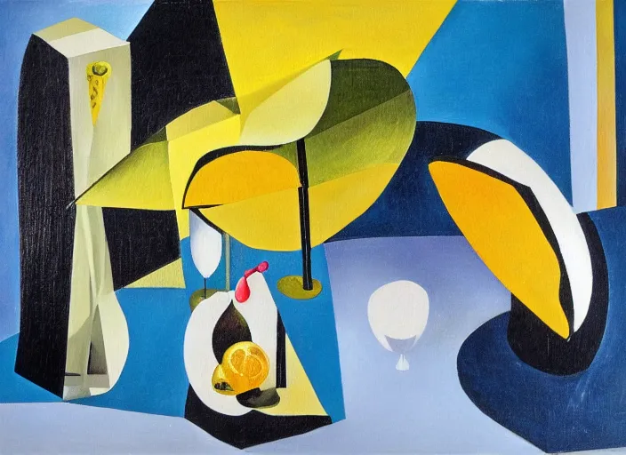 Prompt: abstract composition with lemons and umbrellas, oil on canvas, in the style of salvador dali,