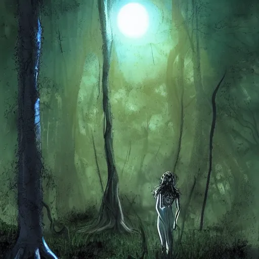 Image similar to a dirty lost person is following a floating blue softly glowing ball of light through the swampy forest, art by Alberto Rocha .