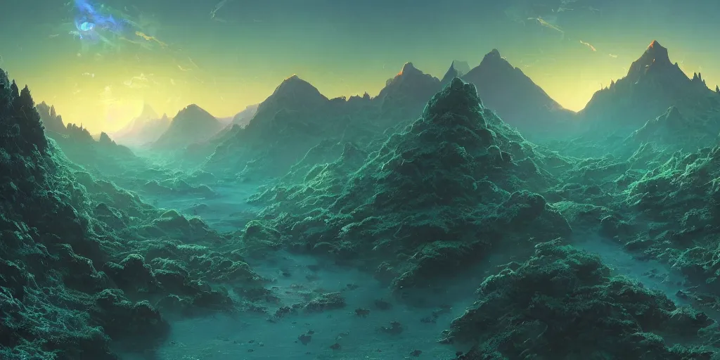 Prompt: A beautiful hyper realistic detailled matte painting of a microscoptic world of algea with ridges similar to mountains with billions of glowing micro trees emmiting a read and teal color by John Howe and Albert Bierstadt and Alena Aenami and dan mumford and dave noton, unreal engine, trending on behance:1, a warped world looped back on itself like Inception