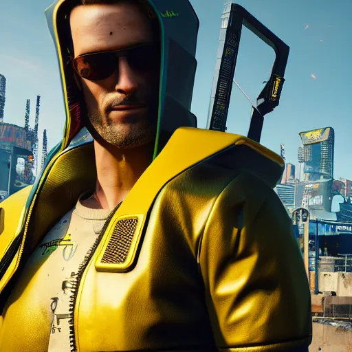 Prompt: Cyberpunk 2077 yellow jacket, concept art, unreal engine, 4k render, global illumination, blender, cycles