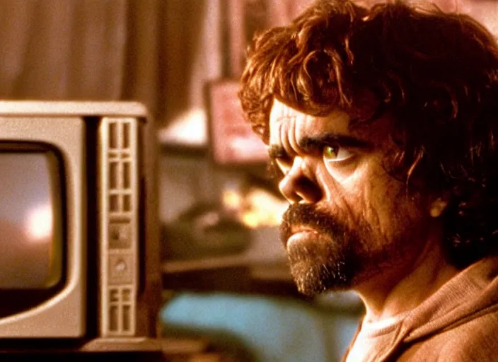 Image similar to a scene from a 1 9 8 2 s halloween iii, peter dinklage is watching tv, vhs distortion, cathode ray tube distortion, folk horror, hauntology, 8 k, 8 5 mm f 1. 8, studio lighting, rim light, right side key light