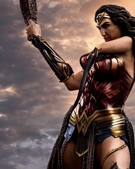 Image similar to a huge bronze statue of gal gadot ’ s wonder woman holding her spear and shield, fantasy landscape, photorealistic, atmospheric