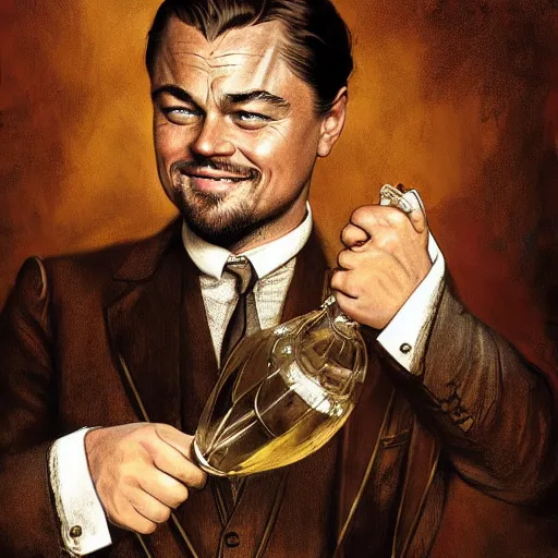 Image similar to leonardo dicaprio from django laughing and holding a sherry, highly detailed, intricate, digital painting, artstation, sharp focus, illustration, art by jakub rozalski, greg rutkowski, artgerm, tan zi and ayanamikodon and alphonse mucha and wlop