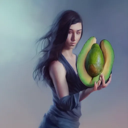 Image similar to lauren walsh lovingly cradling an avacado, fullbody, ultra high detailed, oil painting, greg rutkowski, charlie bowater, yuumei, yanjun cheng, lauren walsh, unreal 5, daz, hyperrealistic, octane render, rpg portrait, dynamic lighting, fantasy art, beautiful face